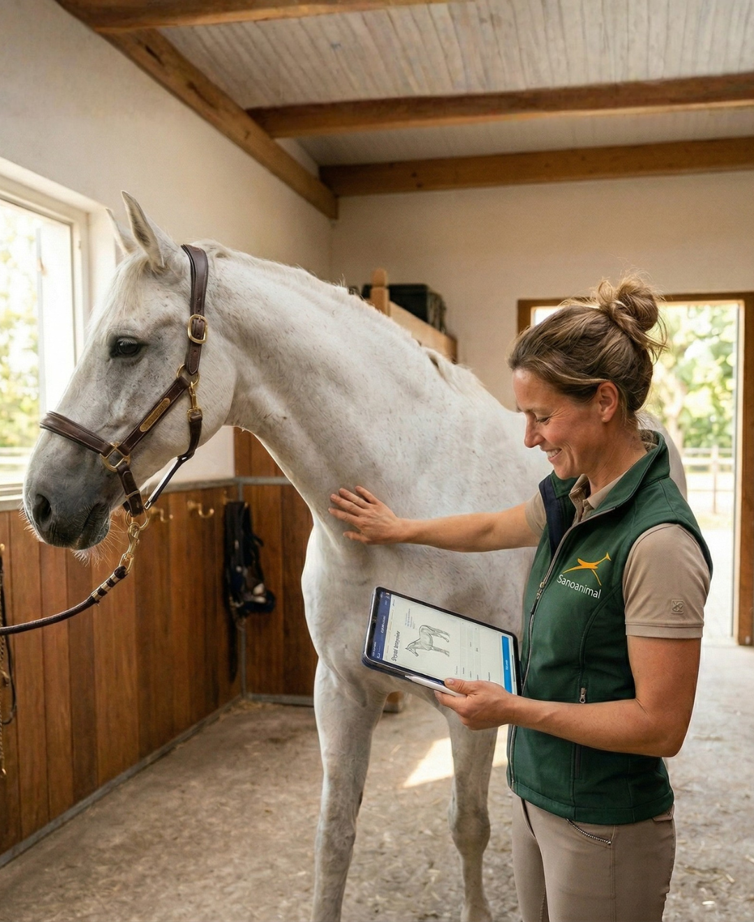 Therapeutin mit Tablet im Stall
